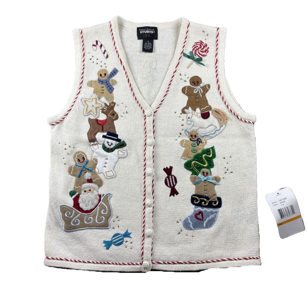 Designer Originals Women Embroidered Christmas Vest NEW Gingerbread Snowmen Q229